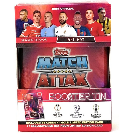 Topps Match Attax 2022-23 Booster Tin (36 Soccer Cards + 1 Gold Limited Edition Card + 1 Exclusive Neon Colour Card) (Red Ray)