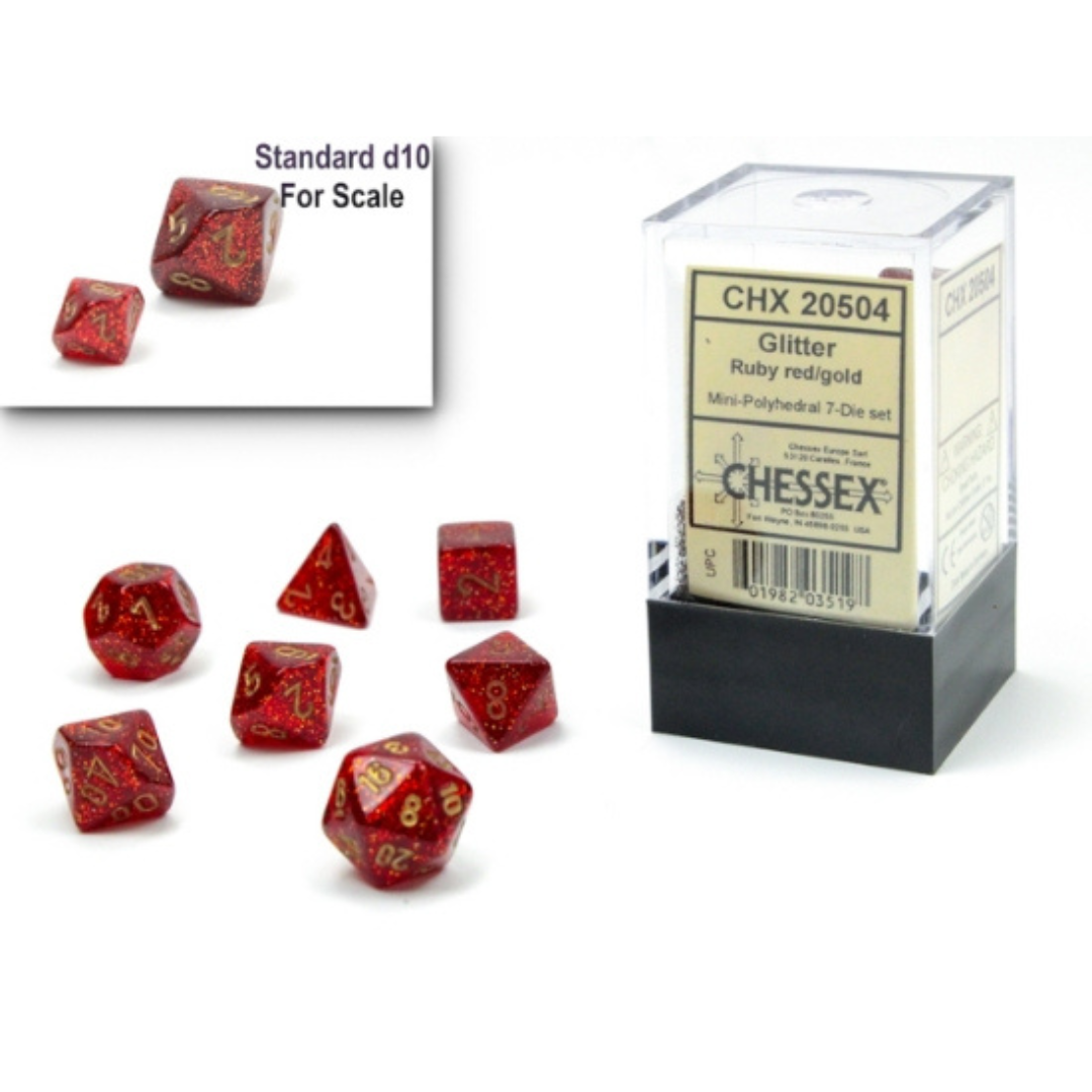 Dice Chessex Mini-Hedral 7-Die Set Glitter Ruby Red/Gold 20504