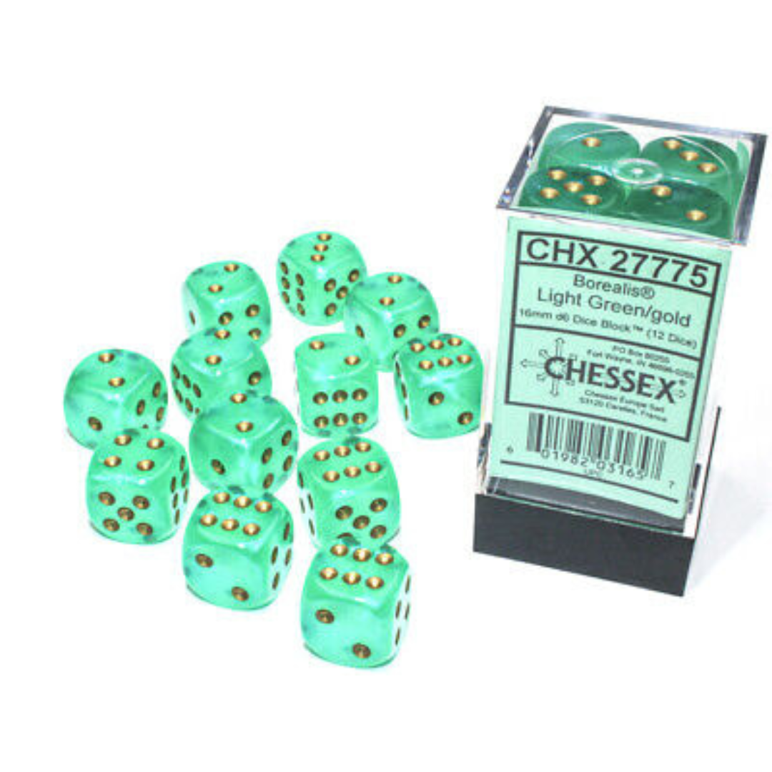 Dice Chessex 16mm d6 12 Dice Set Borealis Light Green/Gold 27775 Luminary Effect Glows in the Dark!