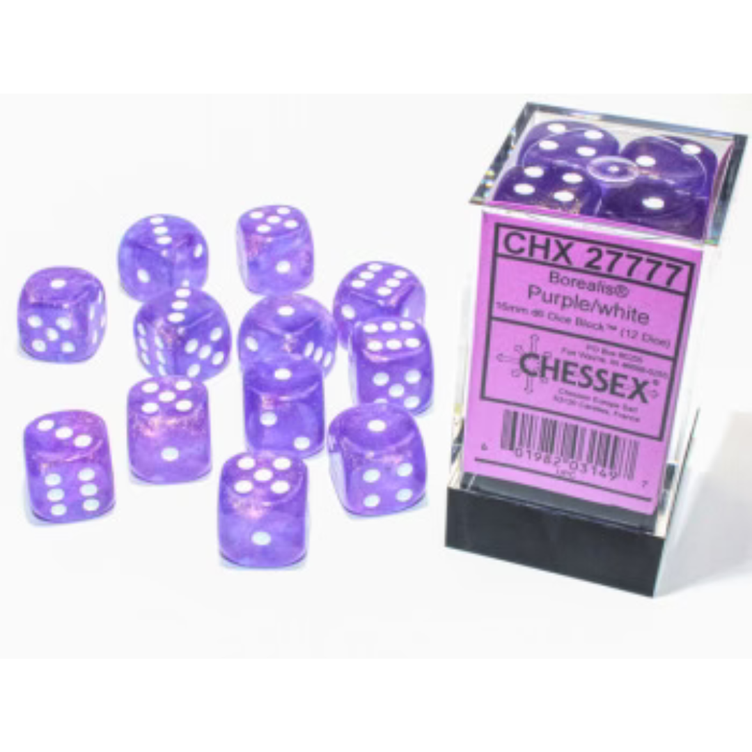 Dice Chessex 16mm d6 12 Dice Set Borealis Purple/White 27777 Luminary Effect Glows in the Dark!