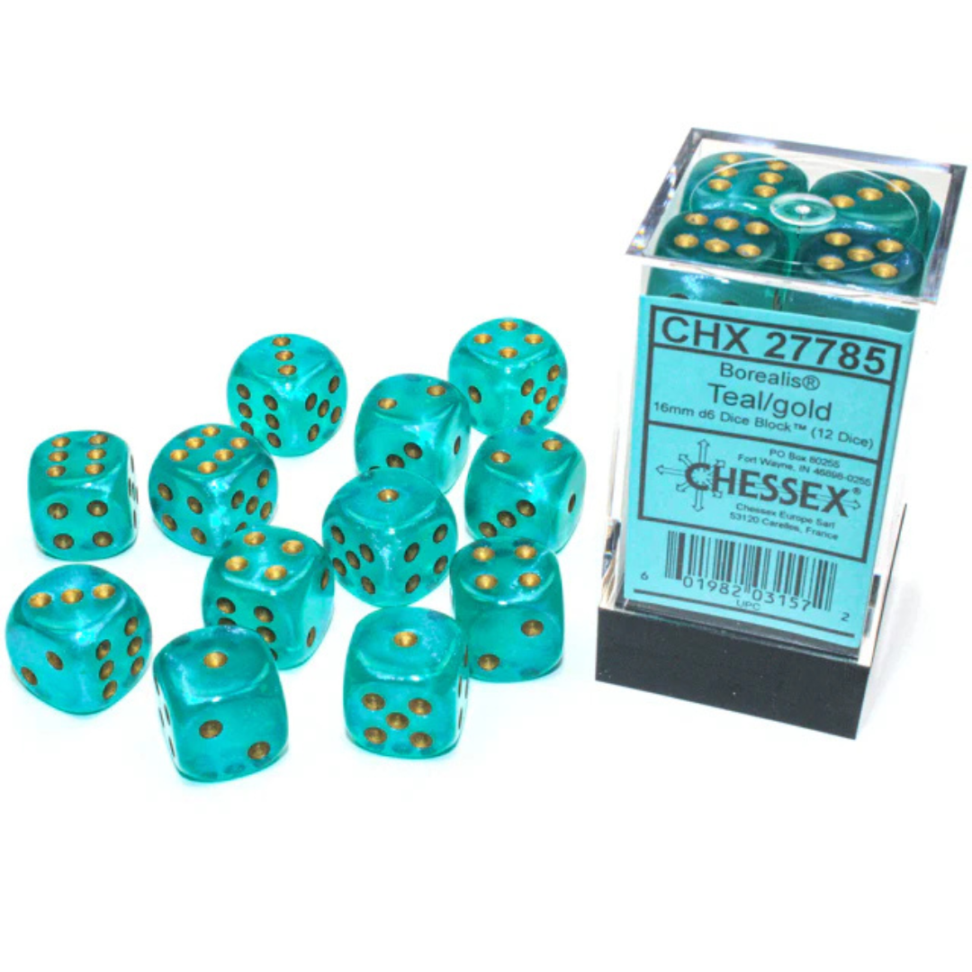 Dice Chessex 16mm d6 12 Dice Set Borealis Teal/Gold 27785 Luminary Effect Glows in the Dark!