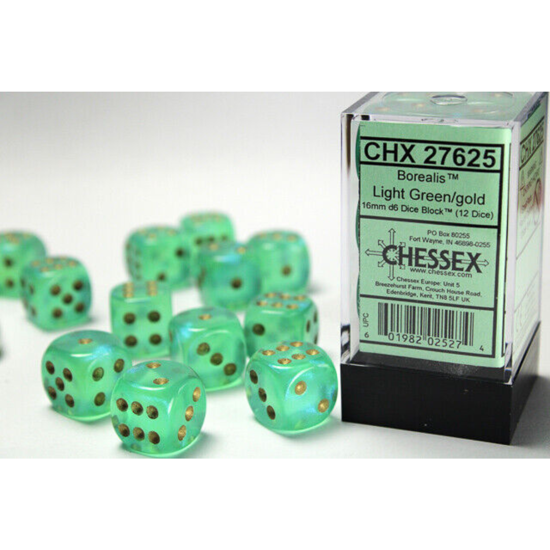 Dice Chessex 16mm d6 12 Dice Set Borealis Light Green/Gold 27625 Luminary Effect Glows in the Dark!