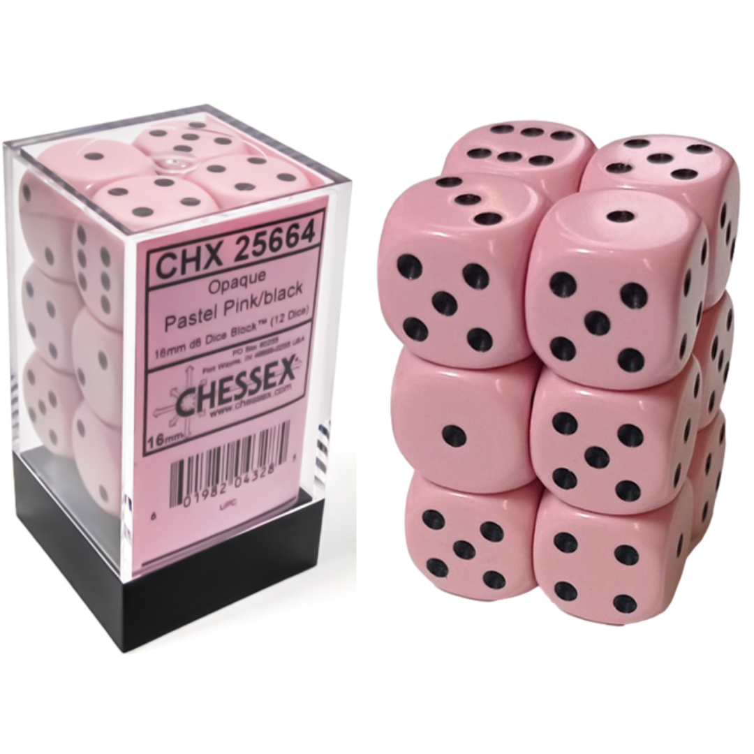 Dice Chessex 16mm d6 12 Dice Set Opaque Pastel Pink/Black 25664