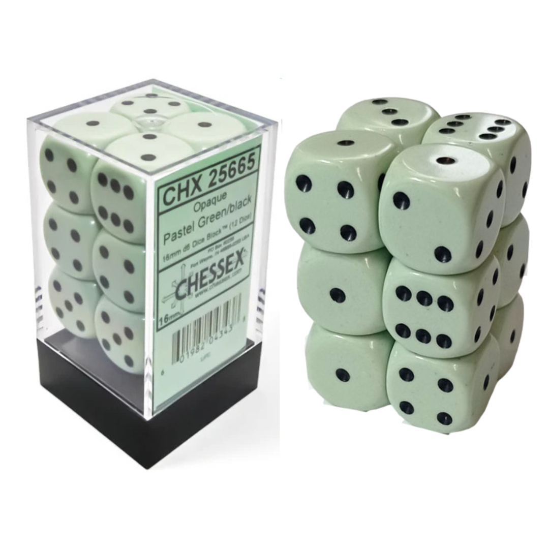 Dice Chessex 16mm d6 12 Dice Set Opaque Pastel Green/Black 25665