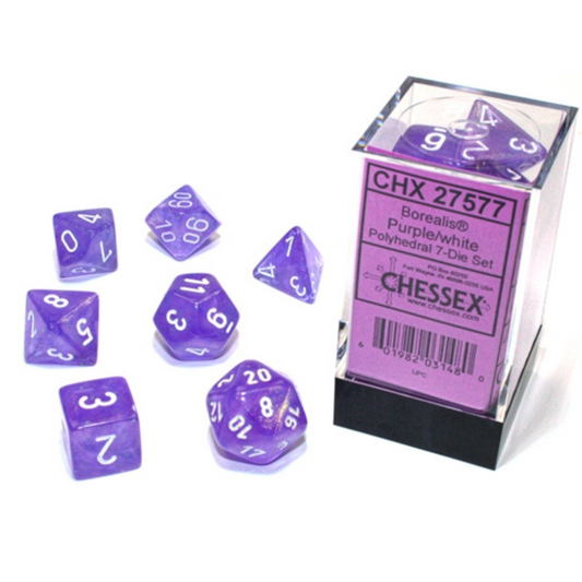 Dice Chessex Polyhedral 7-Die Set Set Borealis Purple/White 27577 Luminary Effect Glows in the Dark!