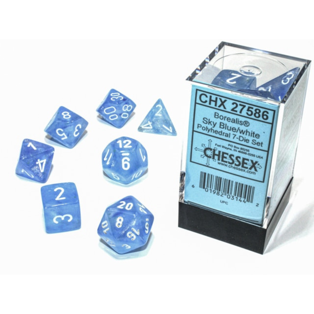 Dice Chessex Polyhedral 7-Die Set Set Borealis Sky Blue/White 27586 Luminary Effect Glows in the Dark!