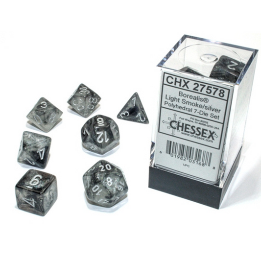 Dice Chessex Polyhedral 7-Die Set Set Borealis Light Smoke/Silver 27578 Luminary Effect Glows in the Dark!