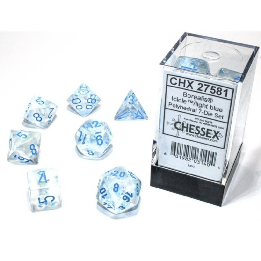 Dice Chessex Polyhedral 7-Die Set Set Borealis Icicle/Light Blue 27581 Luminary Effect Glows in the Dark!